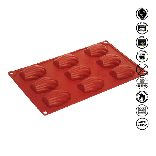 Red silicone mold with waffle cone shapes on a white background