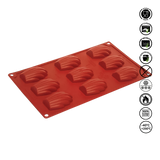 Red silicone mold with waffle cone shapes on a white background