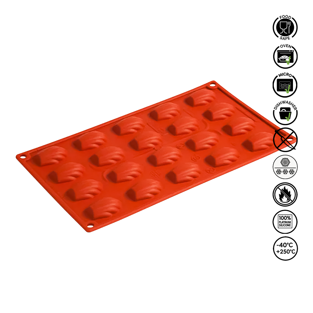 Red silicone mold with heart shapes on a white background