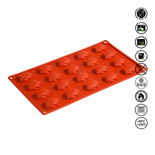 Red silicone mold with heart shapes on a white background