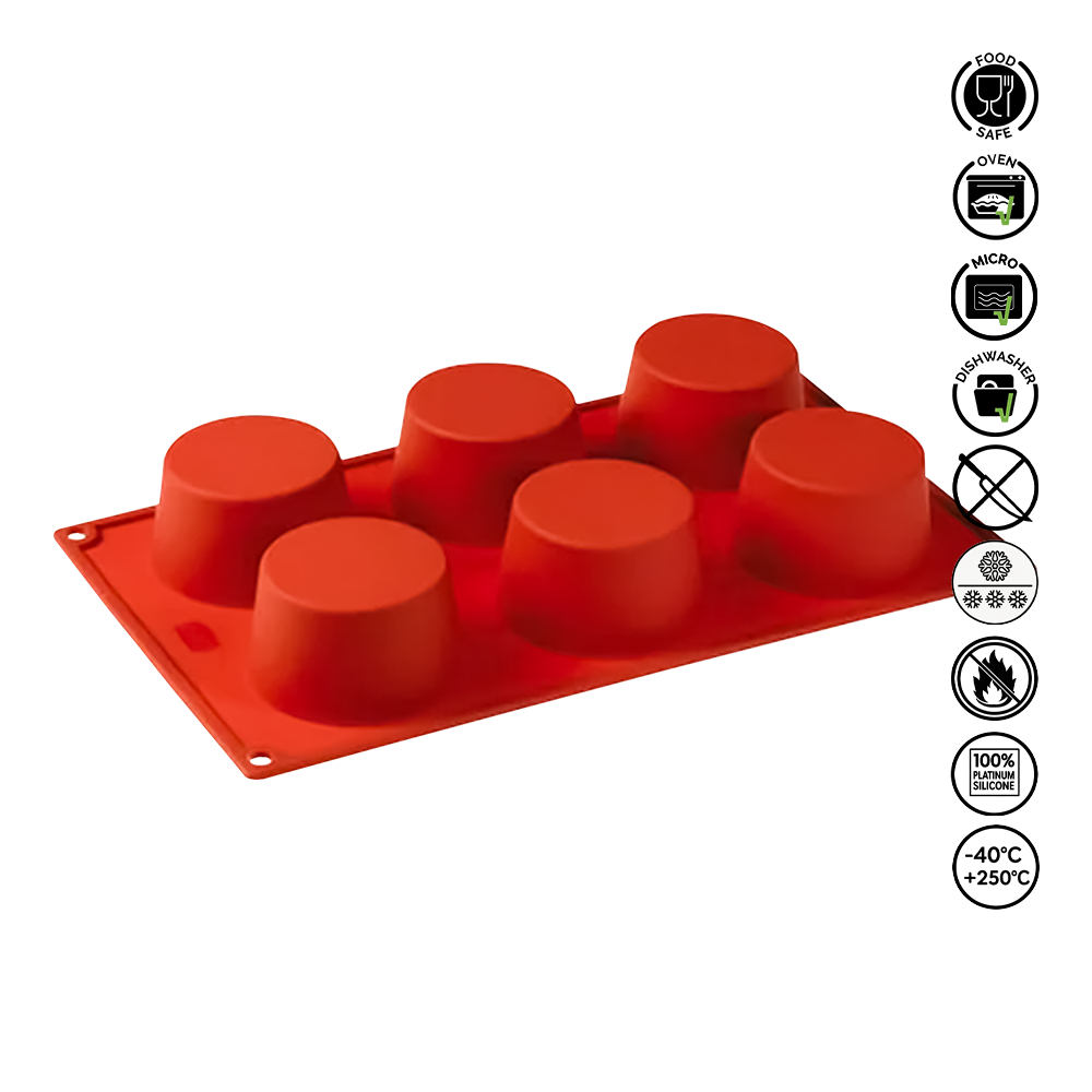 Red silicone mold with six cup shapes on a white background