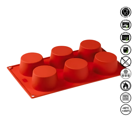Red silicone mold with six cup shapes on a white background