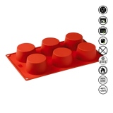 Red silicone mold with six cup shapes on a white background