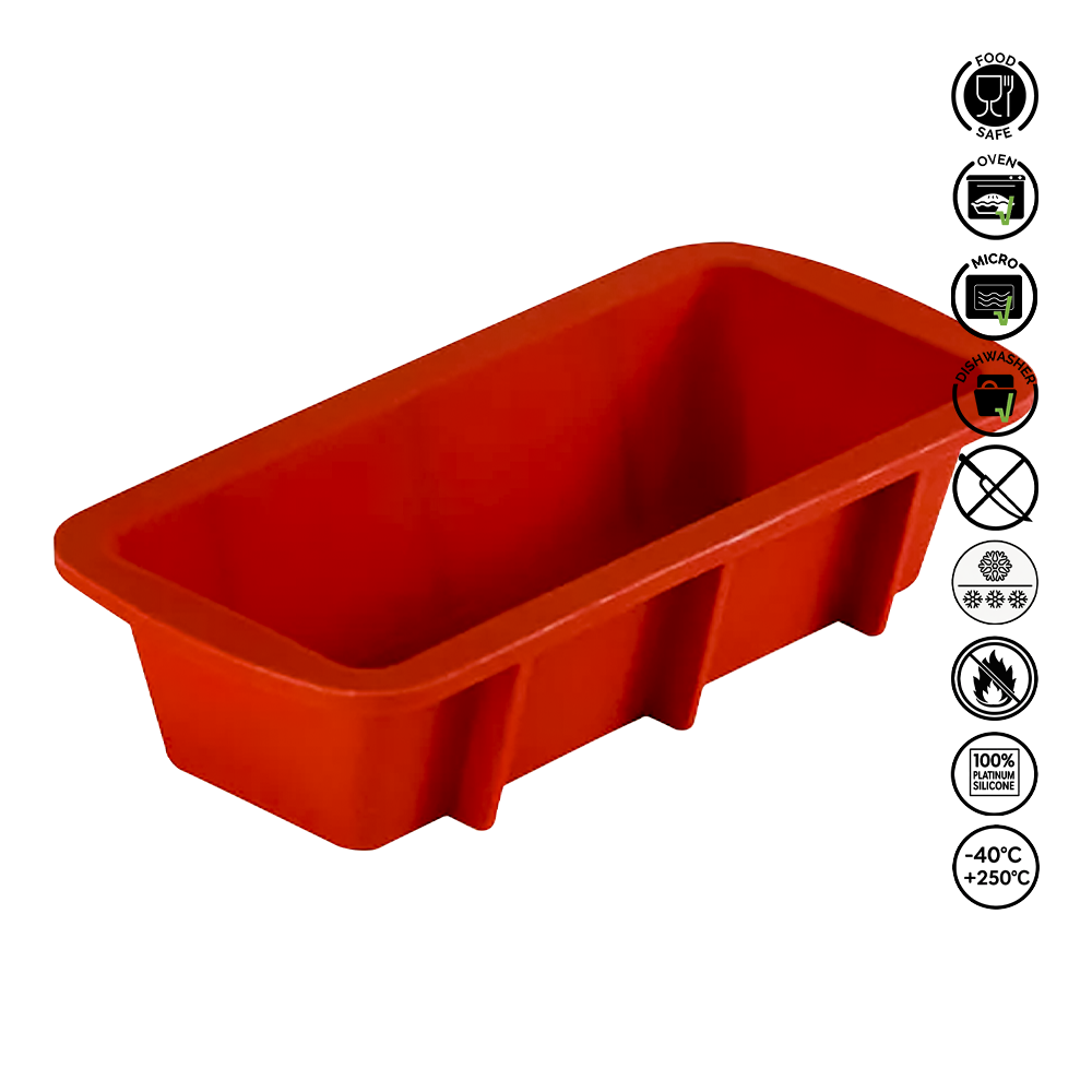 Red silicone loaf pan with safety certification icons on a white background