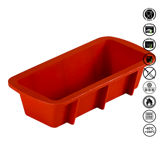 Red silicone loaf pan with safety certification icons on a white background