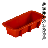 Red silicone loaf pan with safety certification icons on a white background
