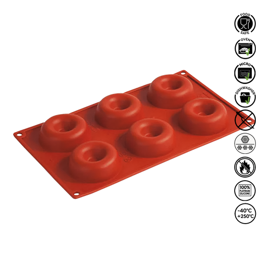 Red silicone donut mold on a white background with safety icons.