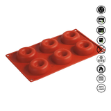 Red silicone donut mold on a white background with safety icons.