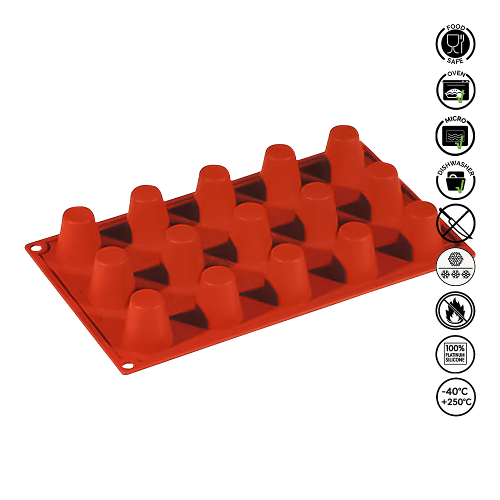 Red silicone mold with cup shapes on a white background