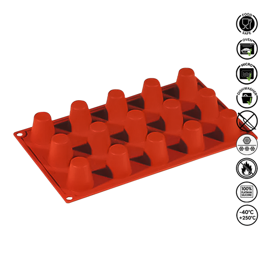 Red silicone mold with cup shapes on a white background