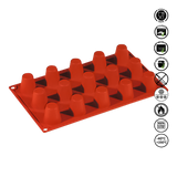 Red silicone mold with cup shapes on a white background