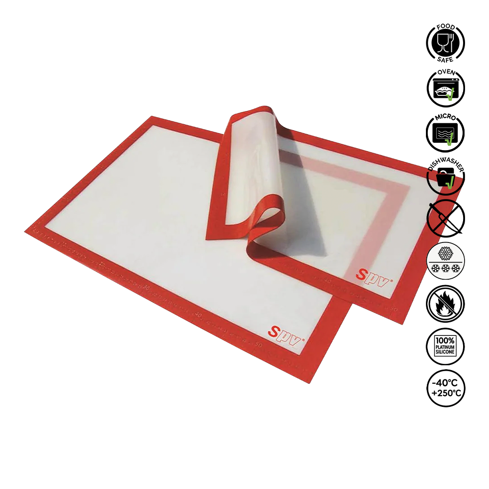 Red silicone mat with white center on a white background, featuring brand logo and safety certification icons.
