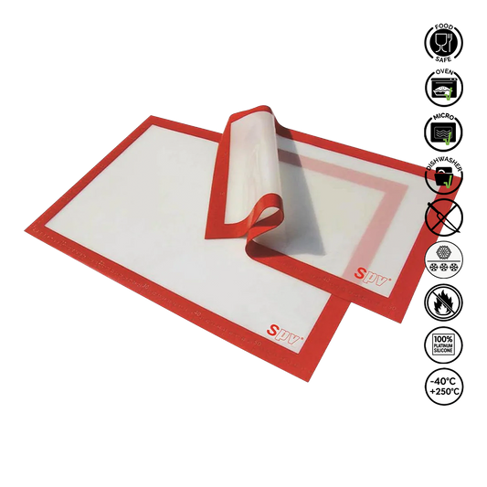 Red silicone mat with white center on a white background, featuring brand logo and safety certification icons.