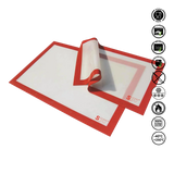 Red silicone mat with white center on a white background, featuring brand logo and safety certification icons.