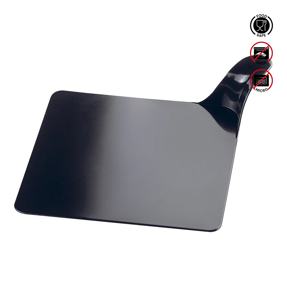 Black pizza peel with safety and warning labels on a white background.Pavoni Plastic Single Serving Trays VP1NR