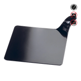 Black pizza peel with safety and warning labels on a white background.Pavoni Plastic Single Serving Trays VP1NR
