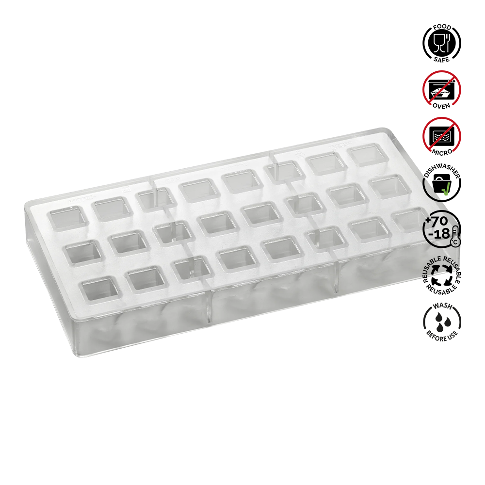 Clear silicone ice cube tray with labels on a white background