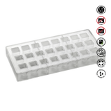 Clear silicone ice cube tray with labels on a white background