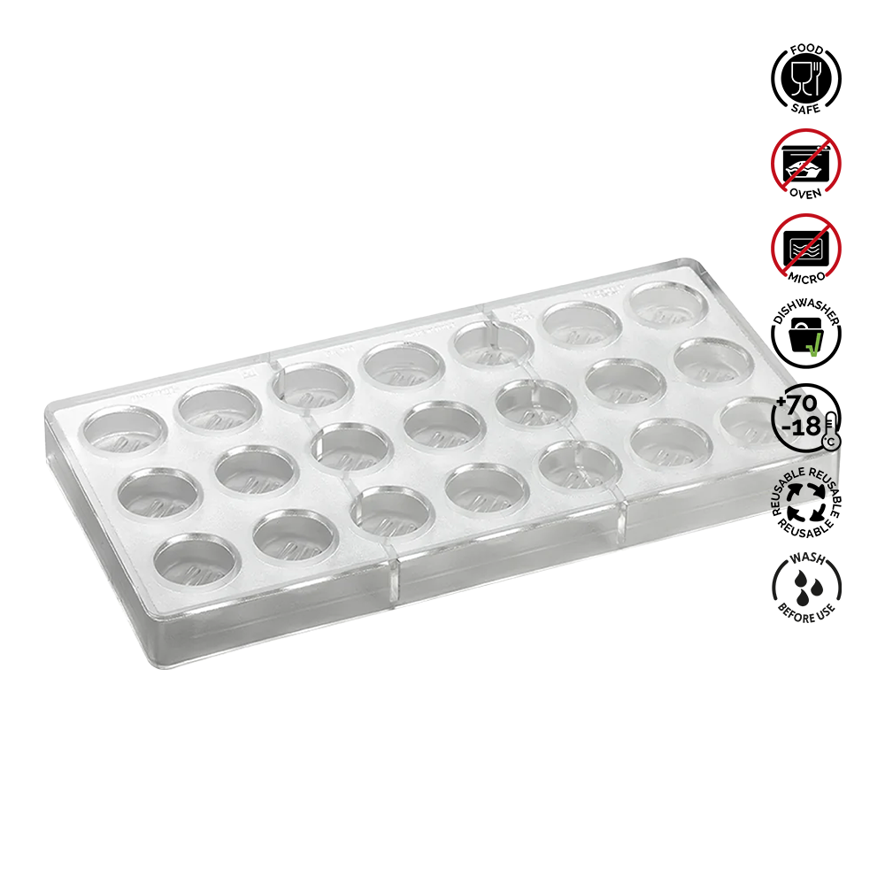 Clear silicone mold with multiple compartments on a white background.Pavoni Polycarbonate mould ARTISANAL Praline PC101