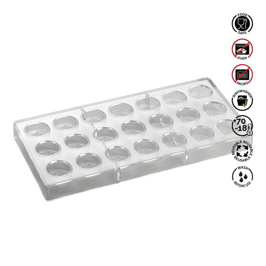 Clear silicone mold with multiple compartments on a white background.Pavoni Polycarbonate mould ARTISANAL Praline PC101