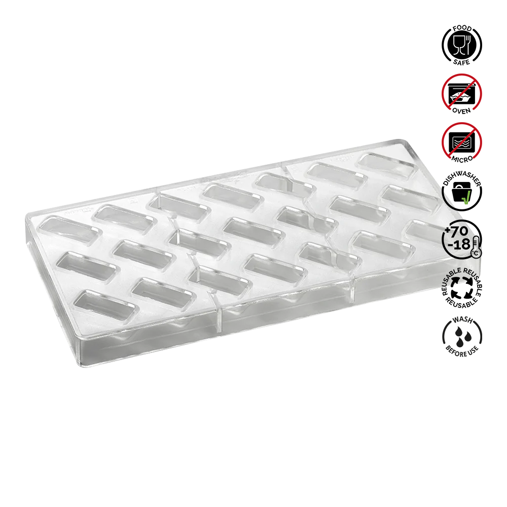 Clear plastic mold with multiple compartments on a white background.Pavoni Polycarbonate mould ARTISANAL Praline PC106

