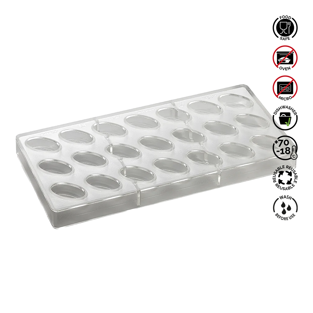 Clear plastic mold tray with oval cavities on a white background, featuring various safety and care instructions.Pavoni Polycarbonate mould ARTISANAL Praline PC109
