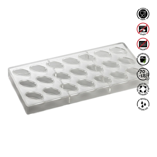 Clear plastic mold tray with oval cavities on a white background, featuring various safety and care instructions.Pavoni Polycarbonate mould ARTISANAL Praline PC109
