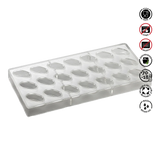 Clear plastic mold tray with oval cavities on a white background, featuring various safety and care instructions.Pavoni Polycarbonate mould ARTISANAL Praline PC109
