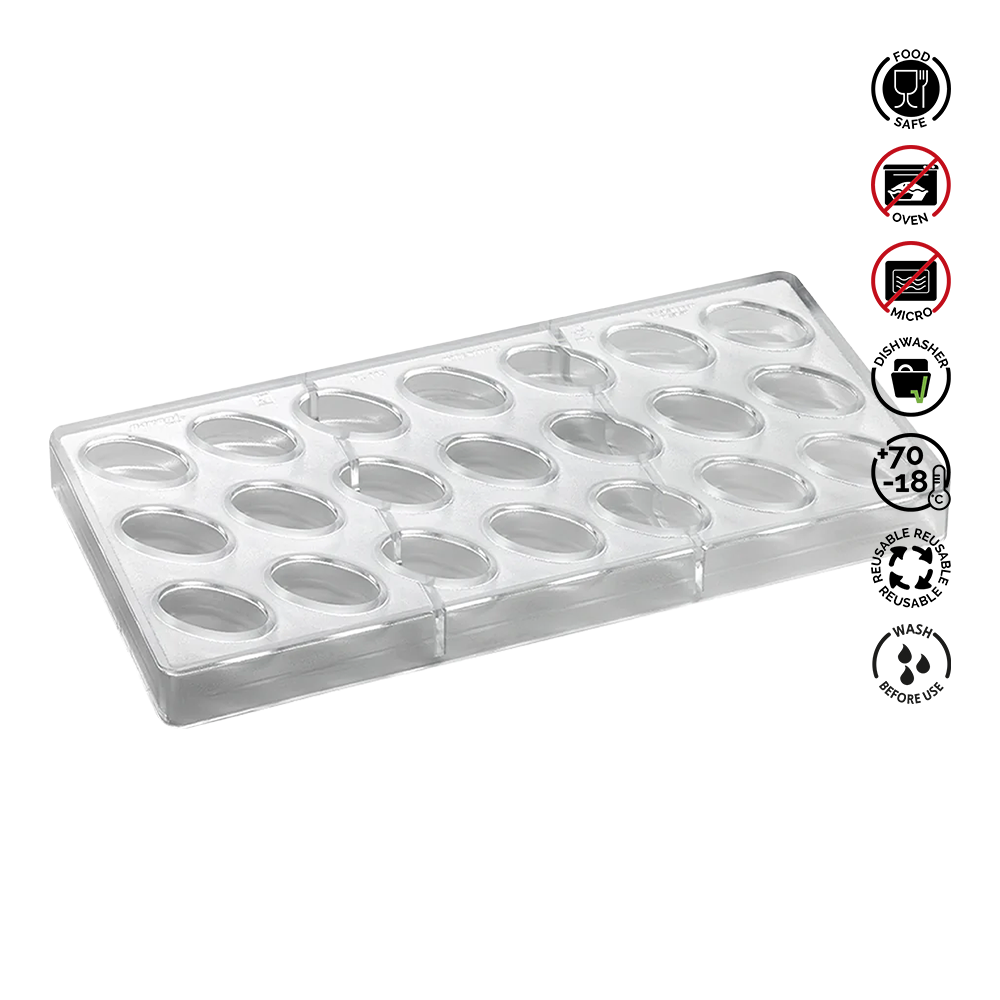 Clear silicone mold with oval cavities on a white background, featuring food safety and care instructions.Pavoni Polycarbonate mould ARTISANAL Praline PC115
