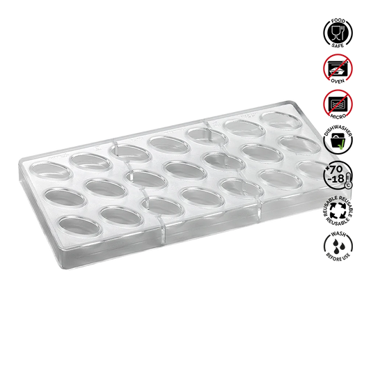 Clear silicone mold with oval cavities on a white background, featuring food safety and care instructions.Pavoni Polycarbonate mould ARTISANAL Praline PC115
