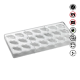 Clear silicone mold with oval cavities on a white background, featuring food safety and care instructions.Pavoni Polycarbonate mould ARTISANAL Praline PC115

