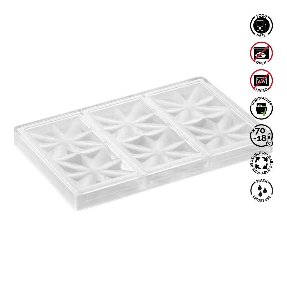 Clear ice cube tray with diamond-shaped compartments on a white background, featuring safety and usage icons.Pavoni Polycarbonate mould EDELWEISS Bar PC5005