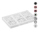 Clear ice cube tray with diamond-shaped compartments on a white background, featuring safety and usage icons.Pavoni Polycarbonate mould EDELWEISS Bar PC5005