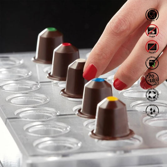Chocolate mold with filled chocolate cones and a hand placing a cone into it, with product information icons on a dark background.