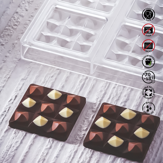 Clear silicone mold with chocolate treats on a light wooden surface.Pavoni Polycarbonate mould MINI MOULIN Bar PC5014