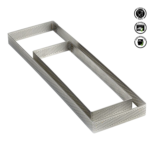 Metal perforated baking tray on a white background with certification icons.