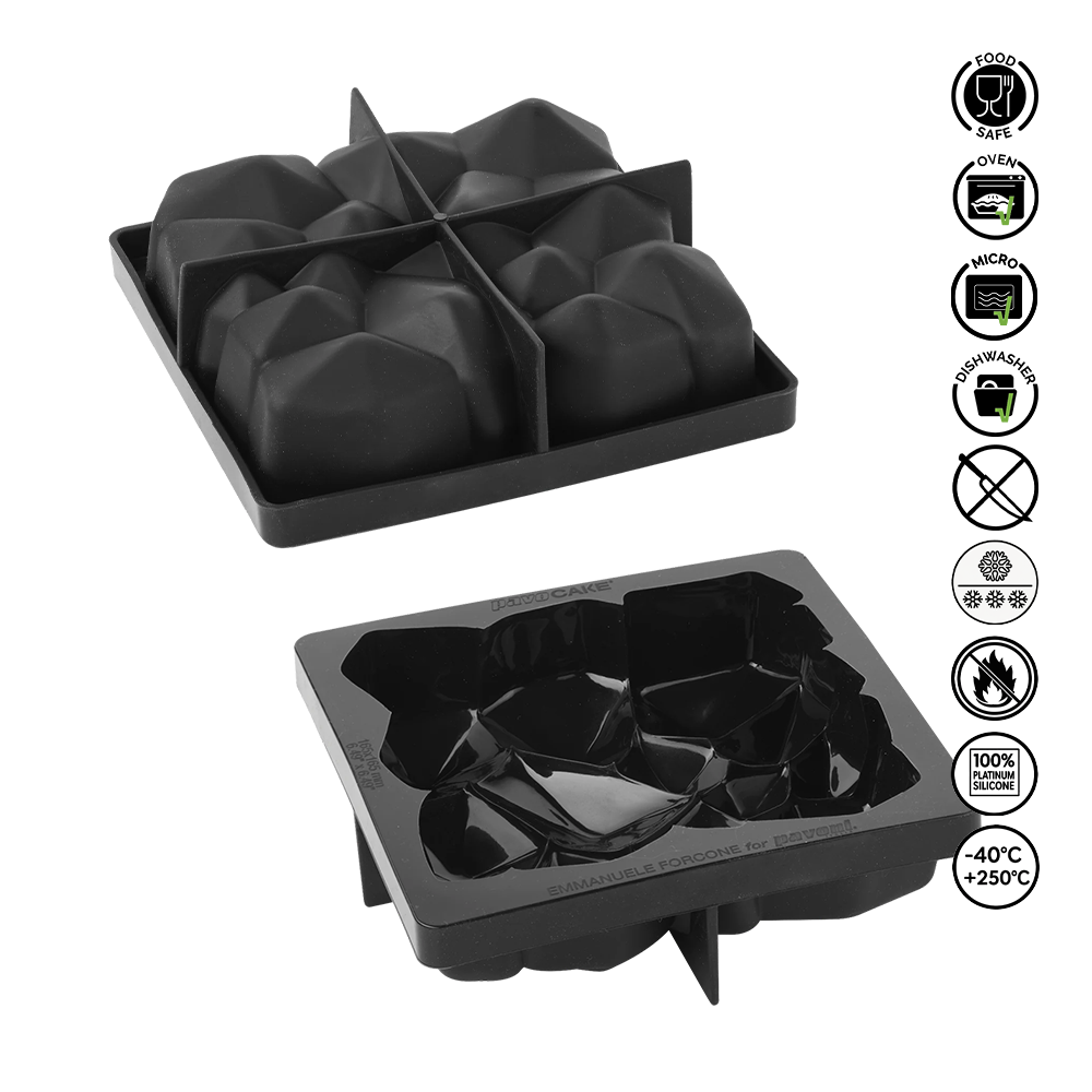 Black silicone ice cube tray with six compartments on a white background, featuring safety and usage icons.