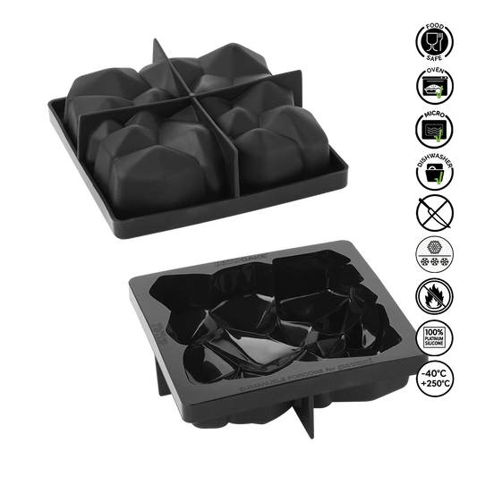 Black silicone ice cube tray with six compartments on a white background, featuring safety and usage icons.