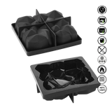 Black silicone ice cube tray with six compartments on a white background, featuring safety and usage icons.