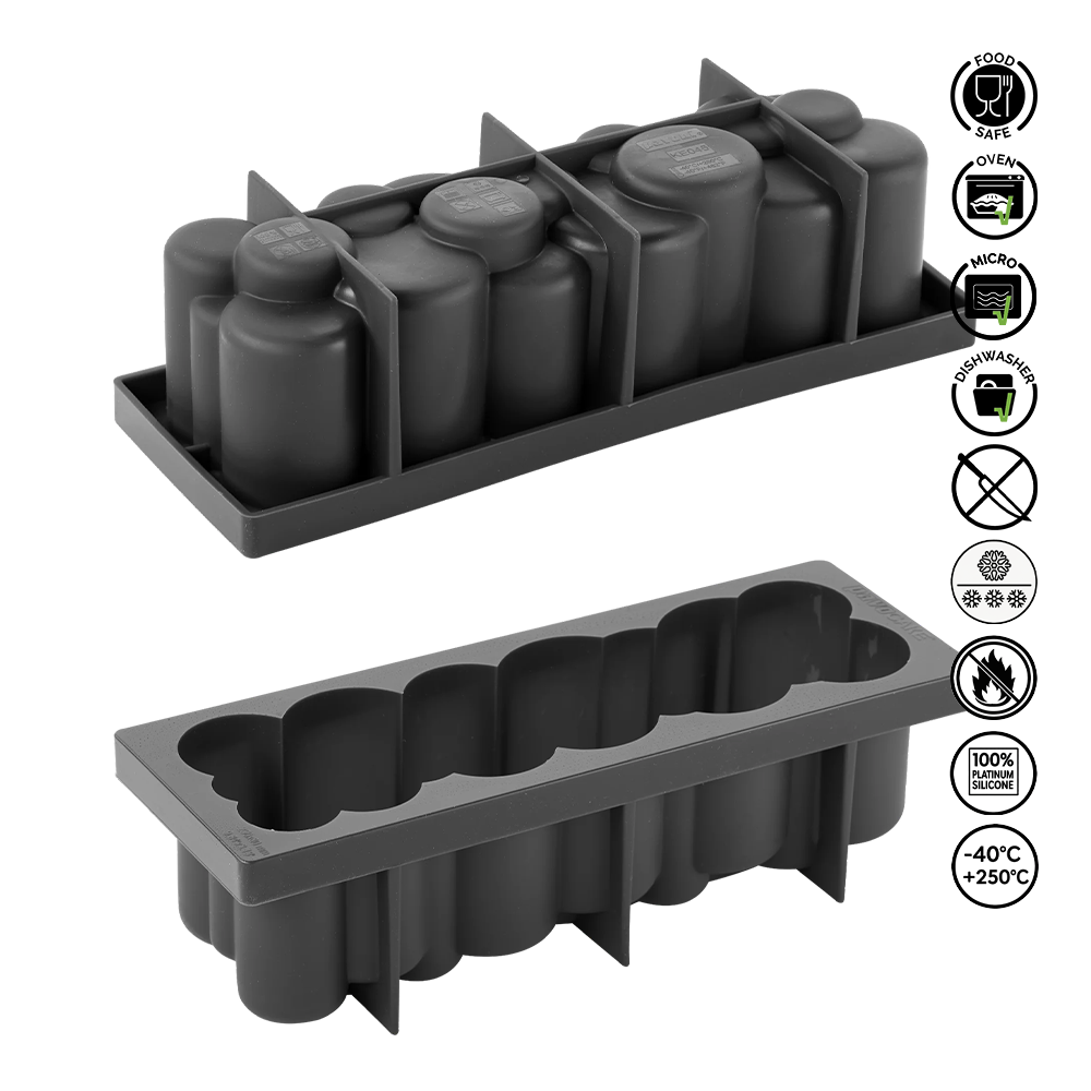 Black silicone ice cube tray with compartments on a white background