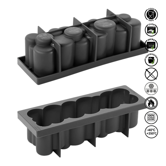 Black silicone ice cube tray with compartments on a white background