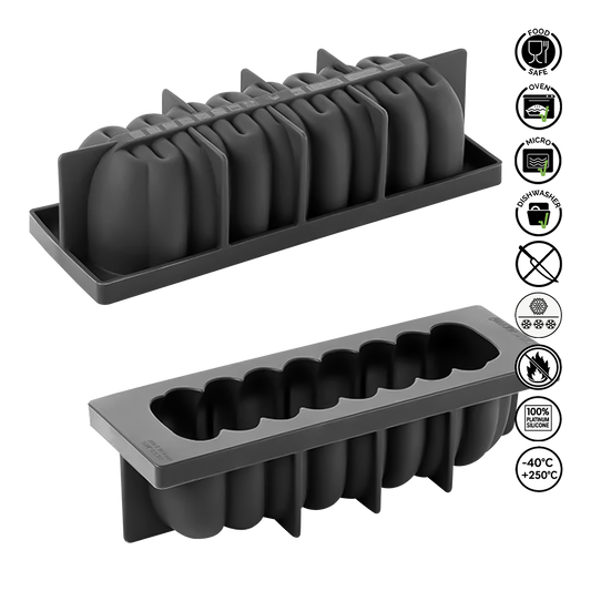 Gray silicone ice cube tray with lid on a white background