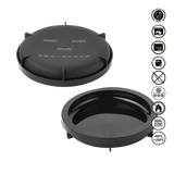 Two black plastic components with certification icons on a white background