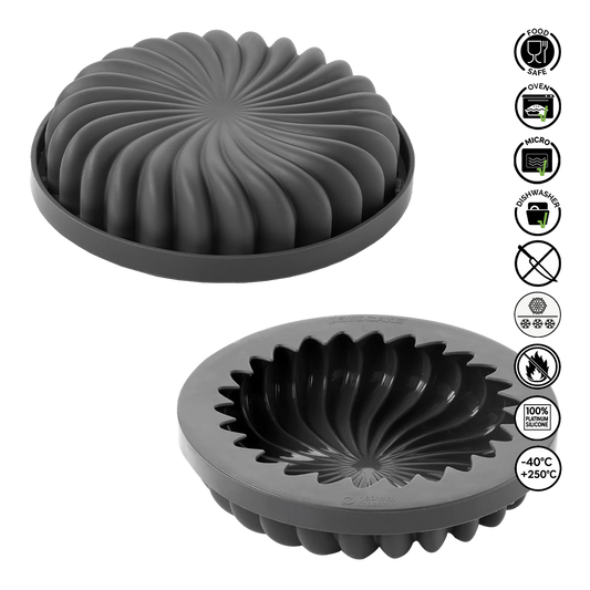 Two gray silicone molds on a white background with safety icons.