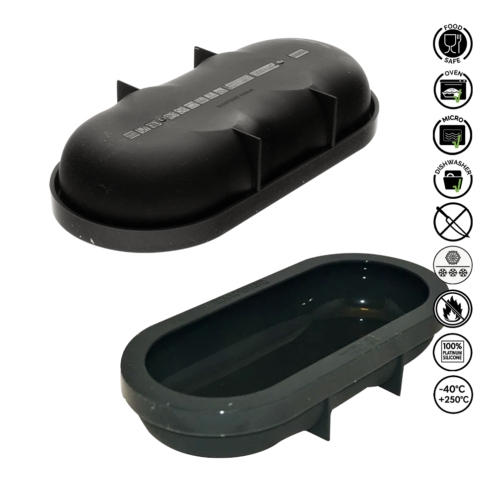 Two black plastic components with branding on a white background, featuring certification icons.