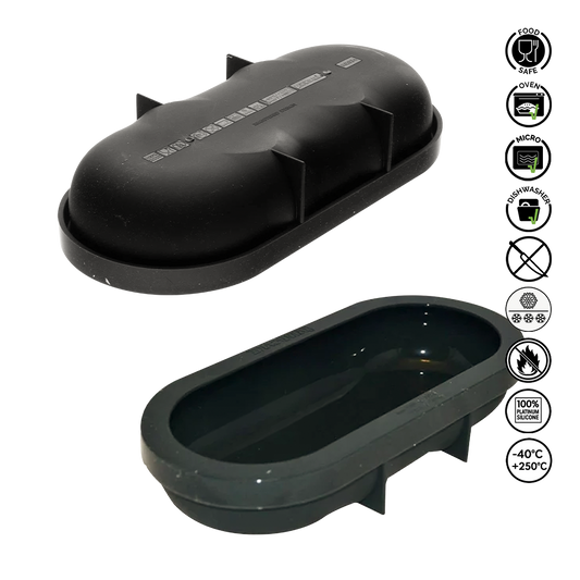 Two black plastic components with branding on a white background, featuring certification icons.