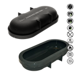 Two black plastic components with branding on a white background, featuring certification icons.