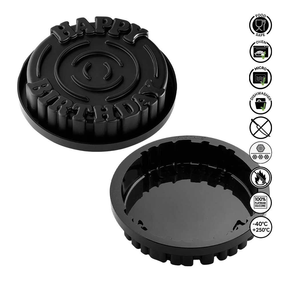 Black burger press with 'Happy Burgers' branding on a white background