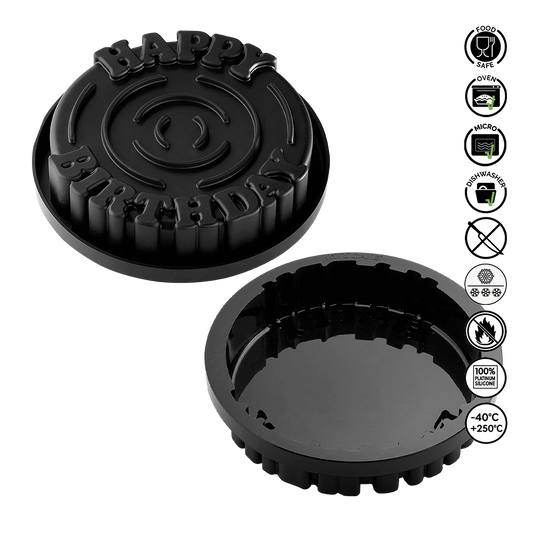 Black burger press with 'Happy Burgers' branding on a white background