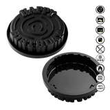Black burger press with 'Happy Burgers' branding on a white background